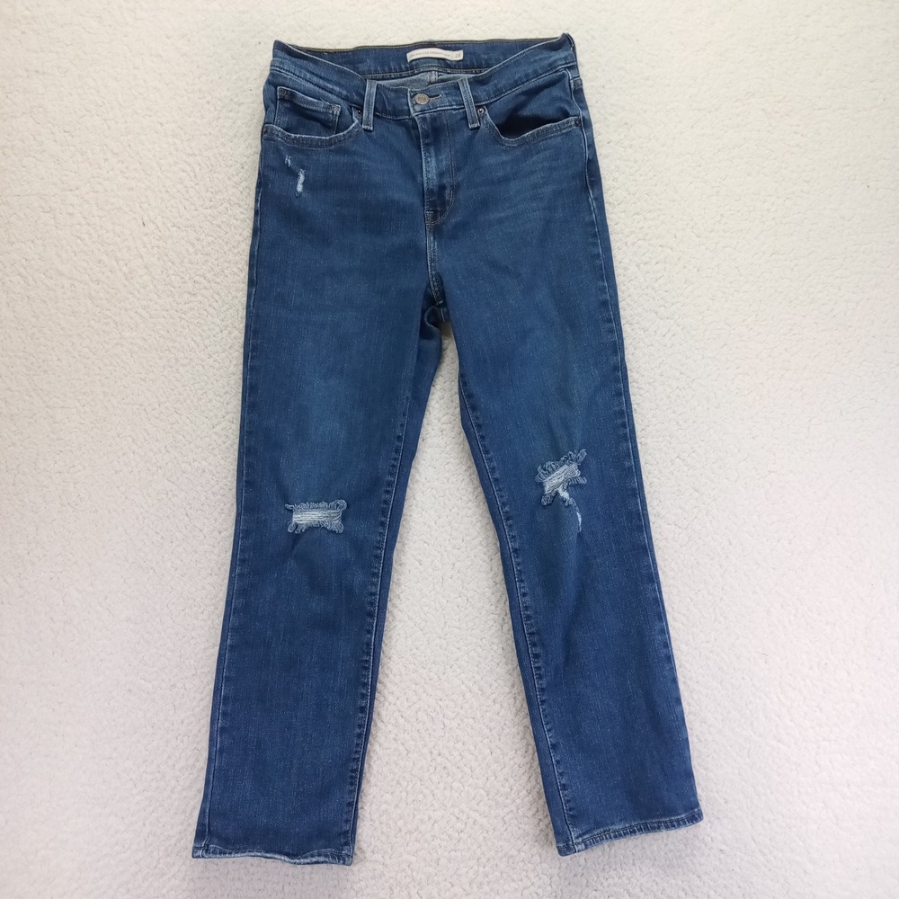 Levis 724 High Rise Straight Crop‎ Jeans Distressed Medium Wash Blue 28